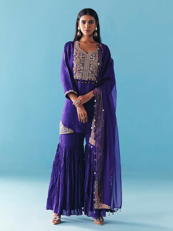 Purple silk pakistani sharara suit with dupatta