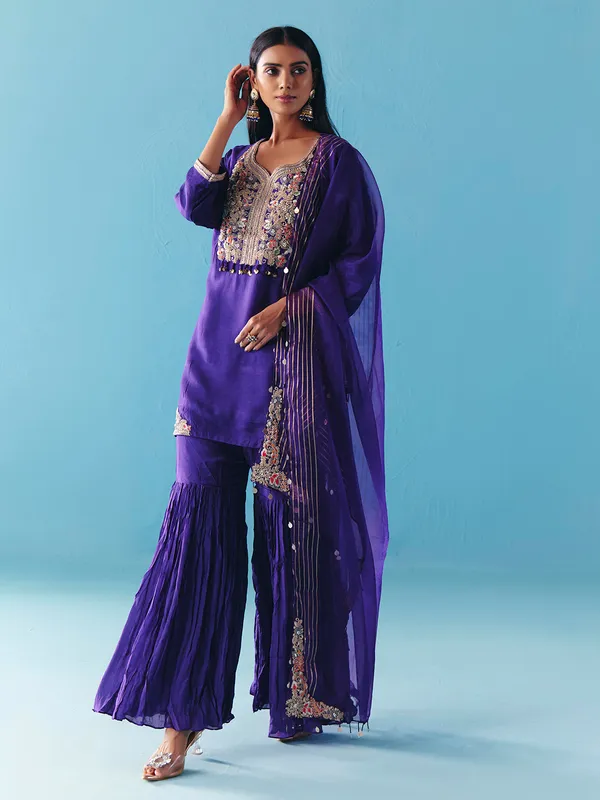Purple silk pakistani sharara suit with dupatta