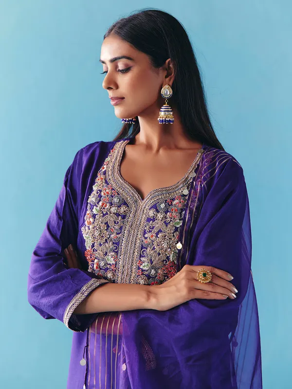 Purple silk pakistani sharara suit with dupatta