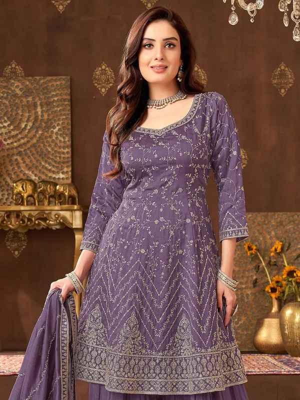 Purple silk palazzo suit with rich embellishment