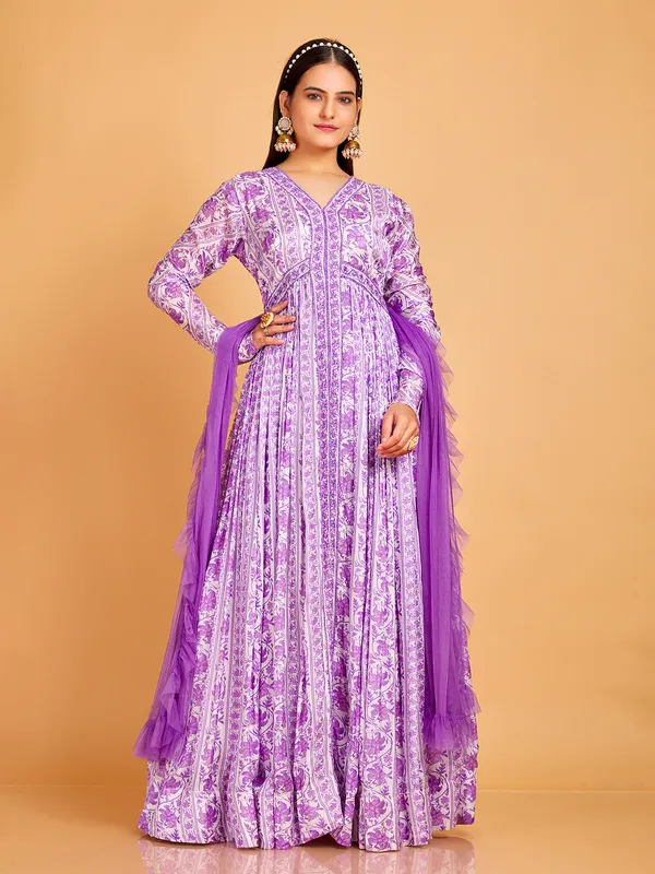 Purple silk printed aila cut anarkali suit