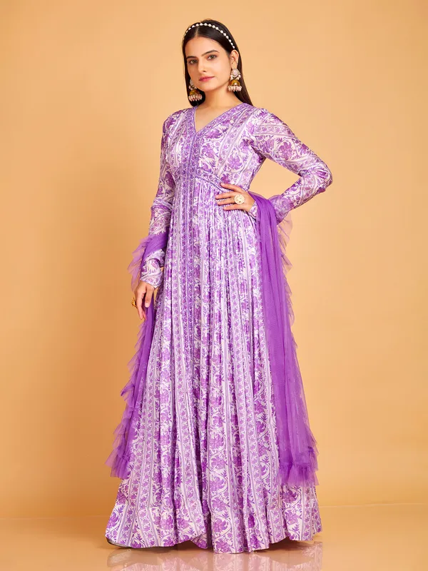 Purple silk printed aila cut anarkali suit