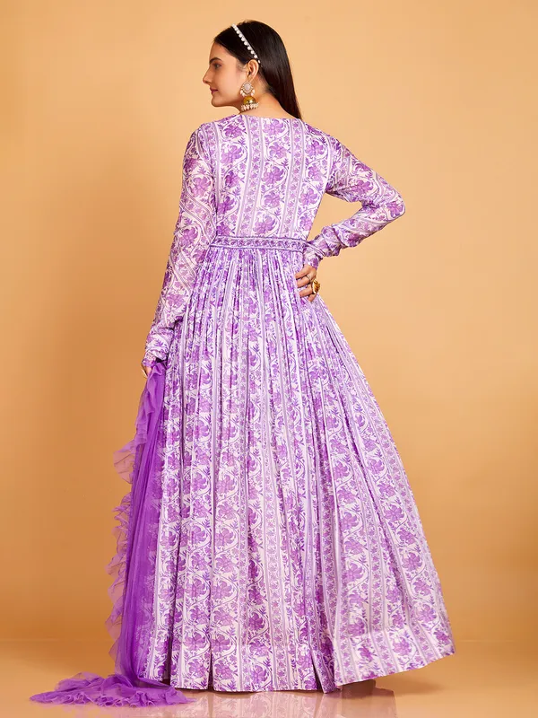 Purple silk printed aila cut anarkali suit