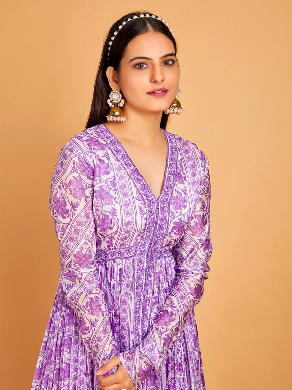 Purple silk printed aila cut anarkali suit
