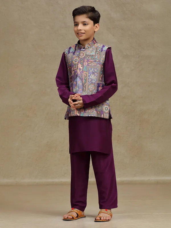 Purple silk printed boys waistcoat set