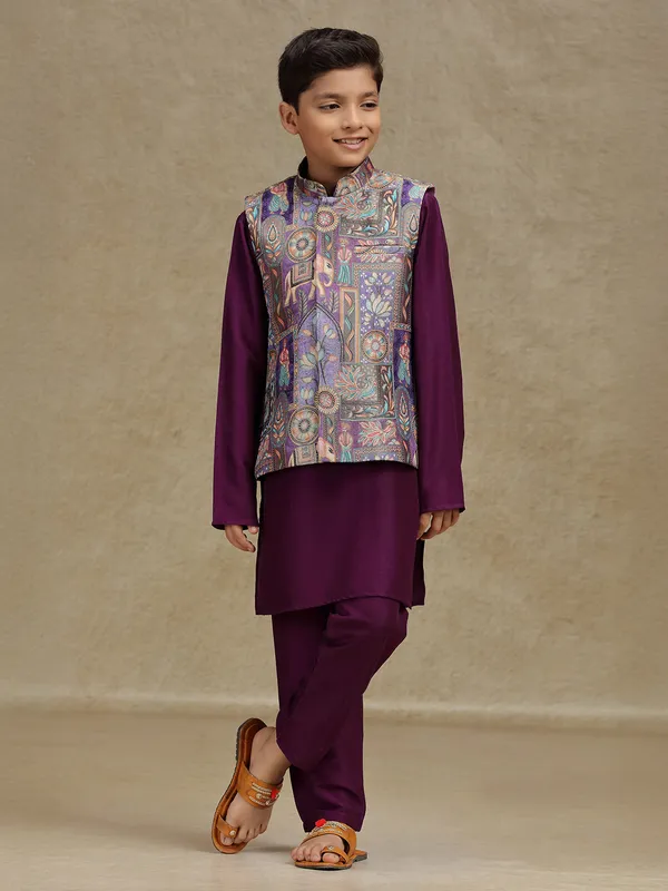 Purple silk printed boys waistcoat set
