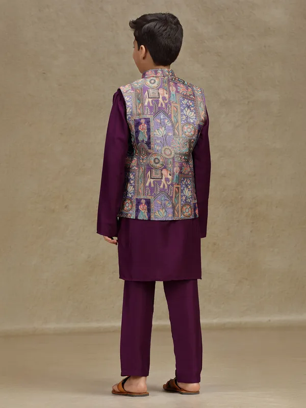 Purple silk printed boys waistcoat set