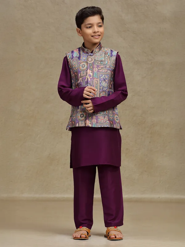 Purple silk printed boys waistcoat set