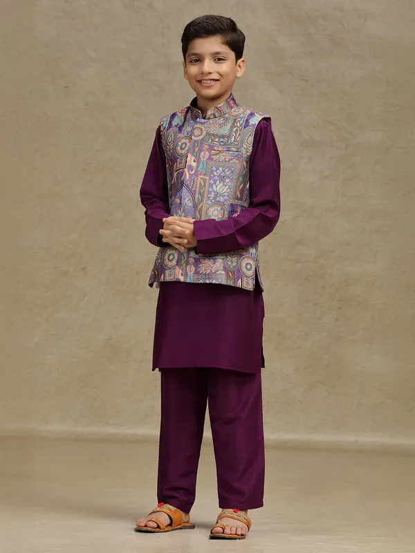Purple silk printed boys waistcoat set