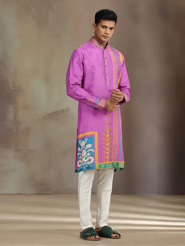 Purple silk printed kurta pajama with resham and sequins