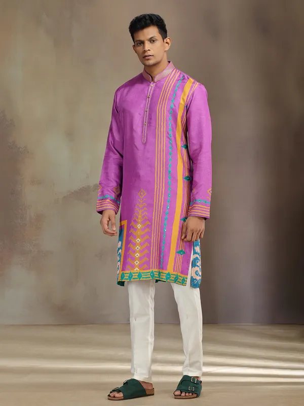 Purple silk printed kurta pajama with resham and sequins