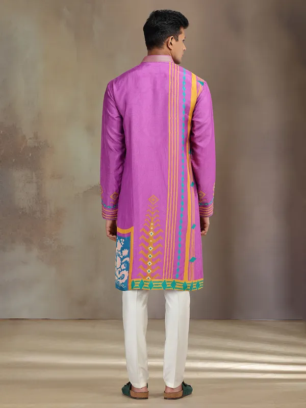 Purple silk printed kurta pajama with resham and sequins