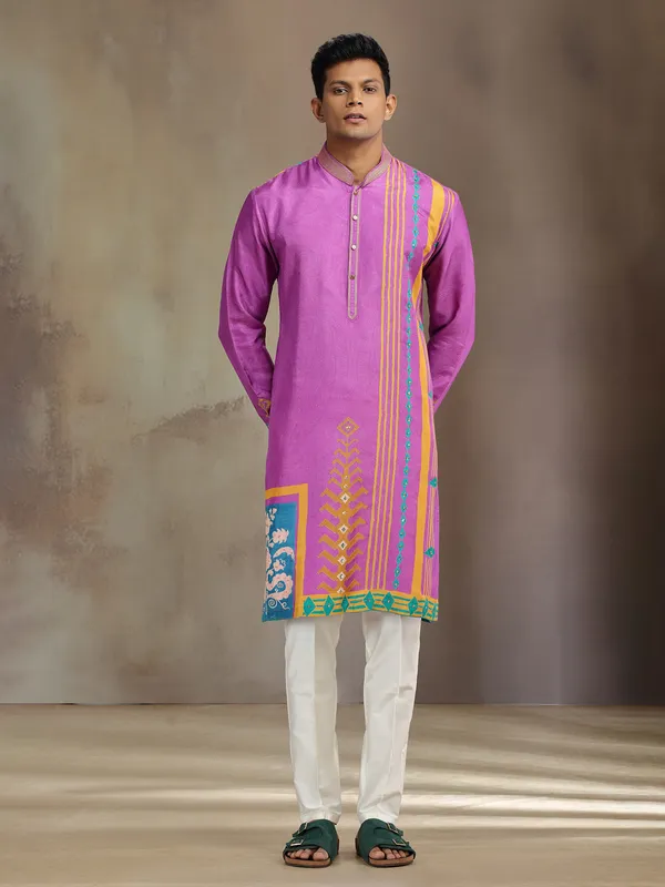 Purple silk printed kurta pajama with resham and sequins