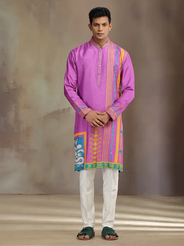 Purple silk printed kurta pajama with resham and sequins