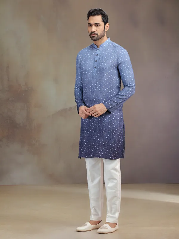 Purple silk printed kurta suit for men