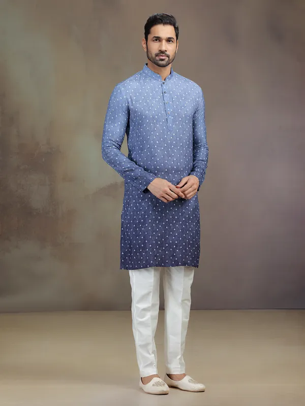 Purple silk printed kurta suit for men
