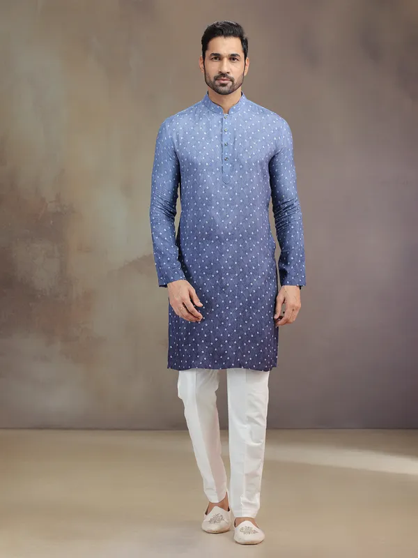 Purple silk printed kurta suit for men
