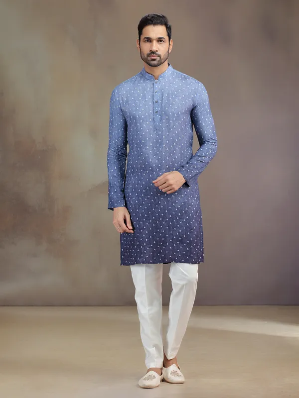 Purple silk printed kurta suit for men