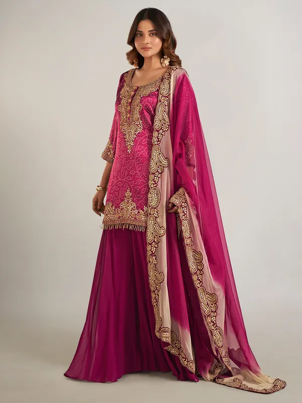 Purple silk printed pakistani palazzo suit