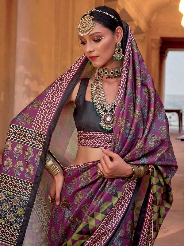 Purple silk printed pattern saree for women