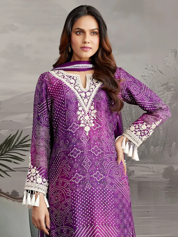 Purple silk printed salwar suit with dupatta