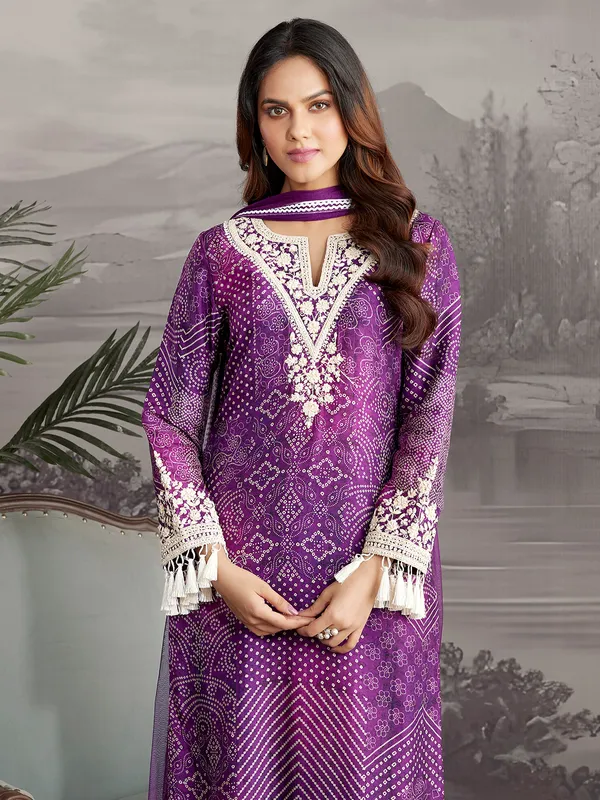 Purple silk printed salwar suit with dupatta