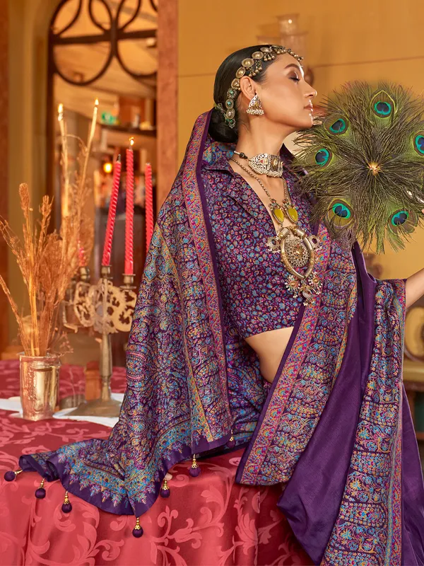 Purple silk printed saree for women