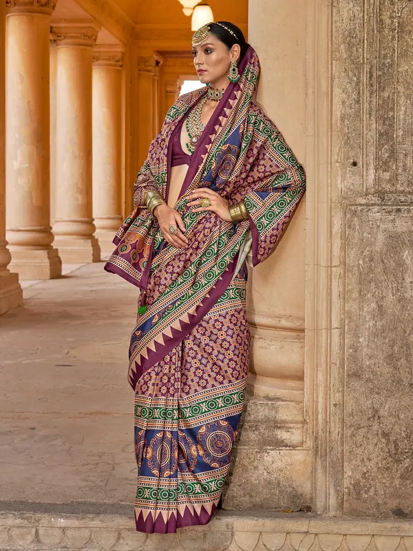 Purple silk printed saree for women party wear