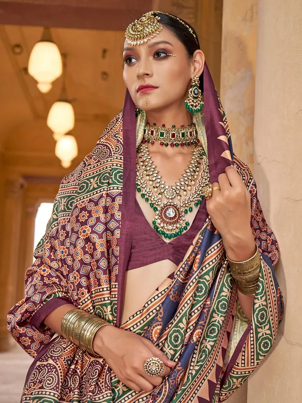 Purple silk printed saree for women party wear