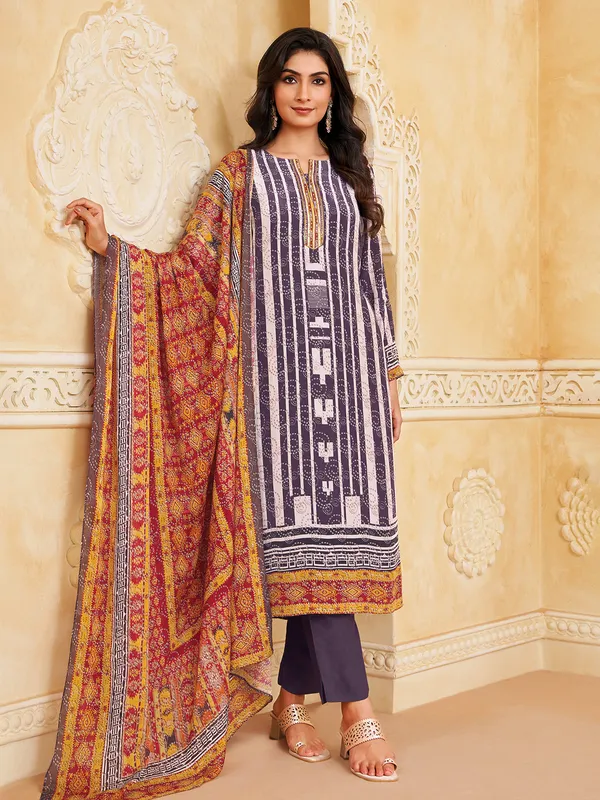 Purple silk printed straight cut festive salwar suit