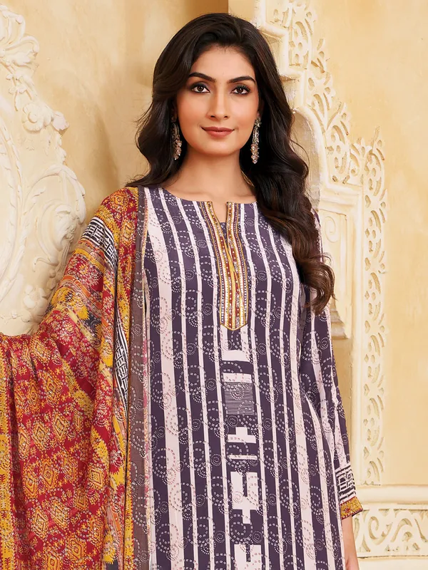 Purple silk printed straight cut festive salwar suit