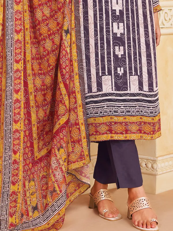 Purple silk printed straight cut festive salwar suit