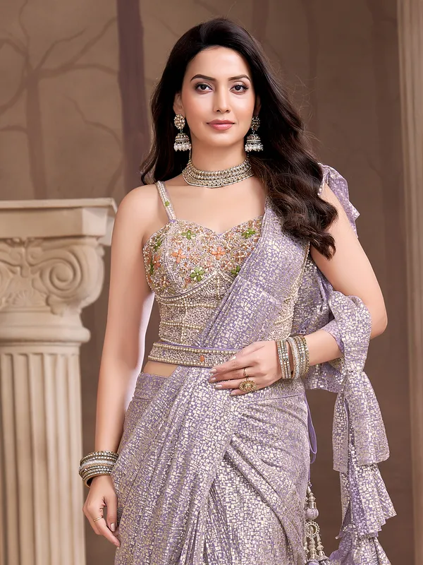 Purple net ready to wear saree with rich embellished blouse