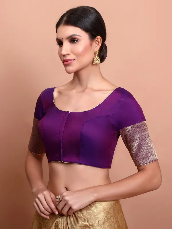 Purple silk round neck zari weaving ready made blouse