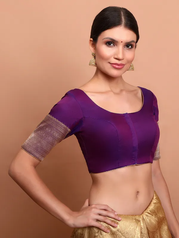Purple silk round neck zari weaving ready made blouse