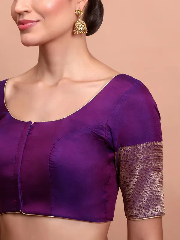 Purple silk round neck zari weaving ready made blouse