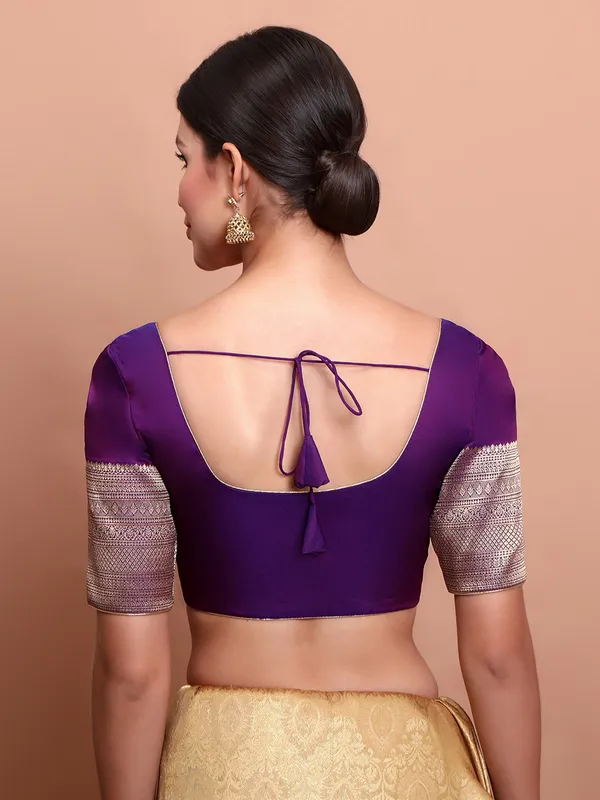 Purple silk round neck zari weaving ready made blouse
