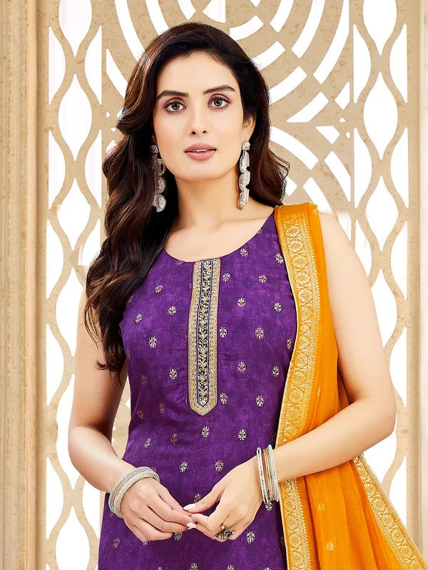 Purple silk salwar suit with cutdana and resham glam