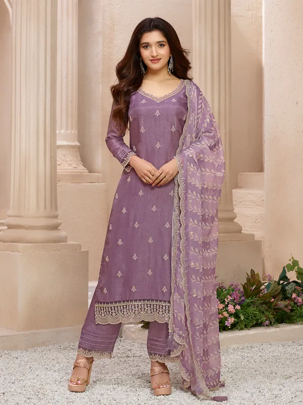 Purple silk salwar suit with printed dupatta