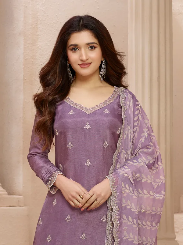 Purple silk salwar suit with printed dupatta