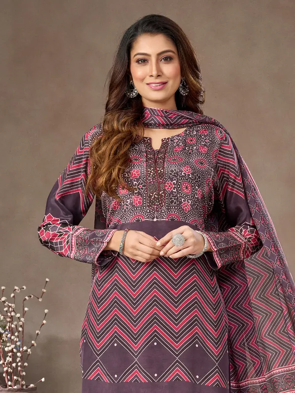 Purple silk salwar suit with sweetheart neckline