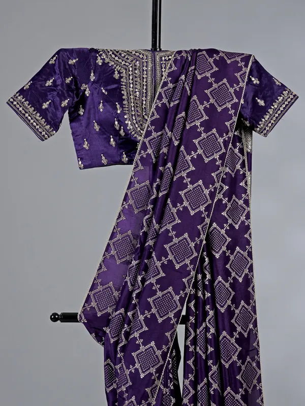Purple silk saree ready made blouse with zari embellishments