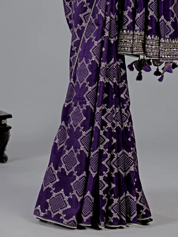 Purple silk saree ready made blouse with zari embellishments