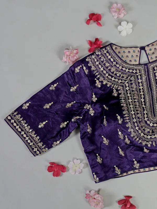 Purple silk saree ready made blouse with zari embellishments