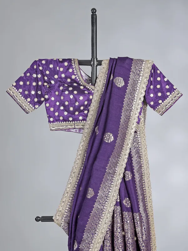 Purple silk saree with aabla and cutdana work