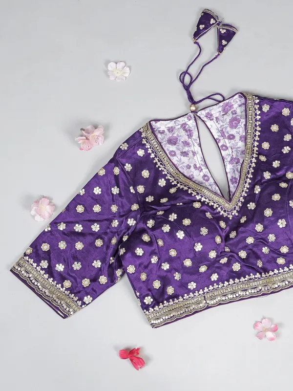 Purple silk saree with aabla and cutdana work