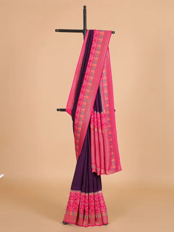 Purple silk saree with bold pink border