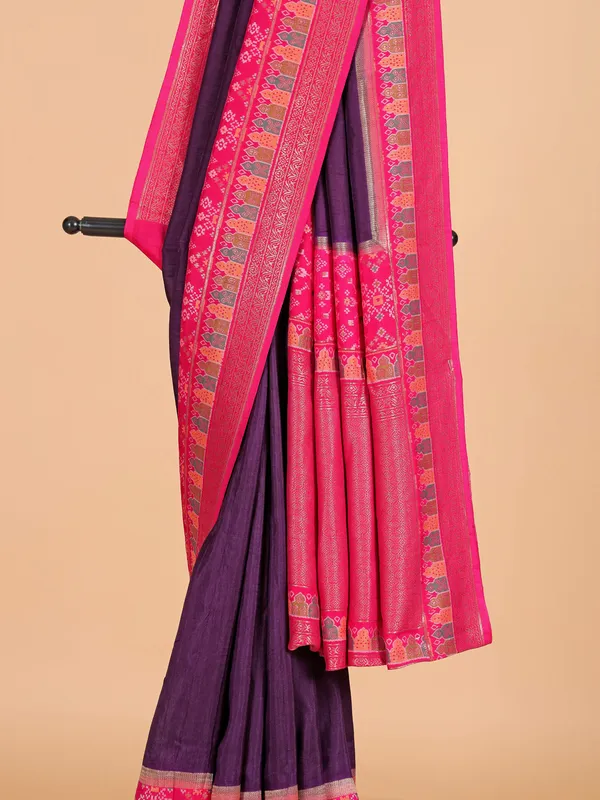Purple silk saree with bold pink border