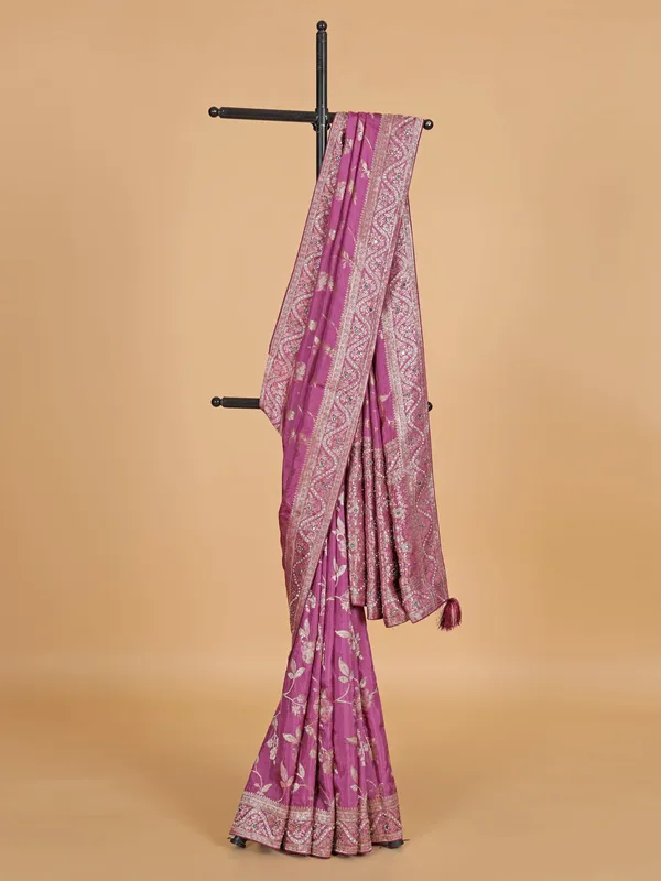 Purple silk saree with contrast border for women