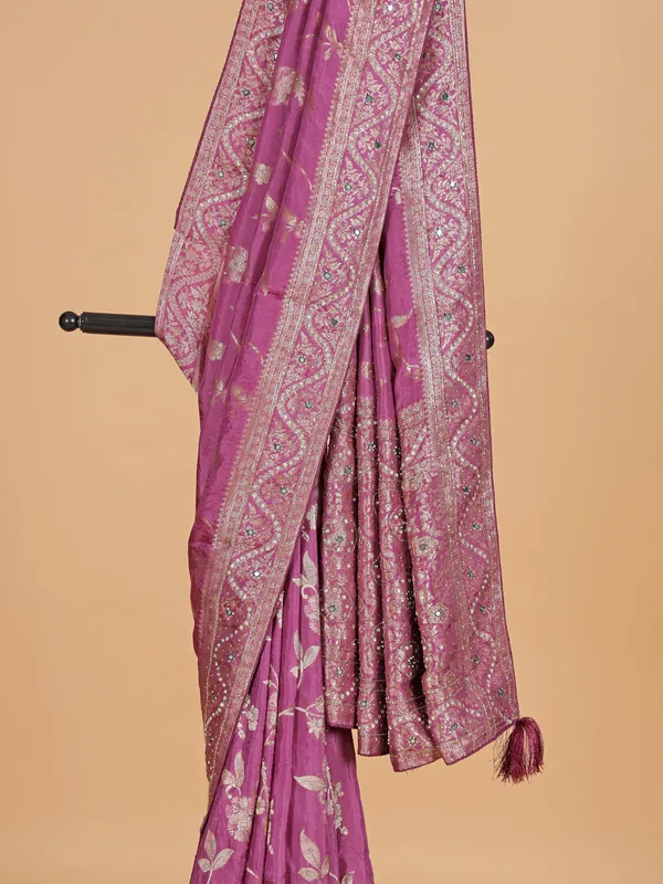 Purple silk saree with contrast border for women
